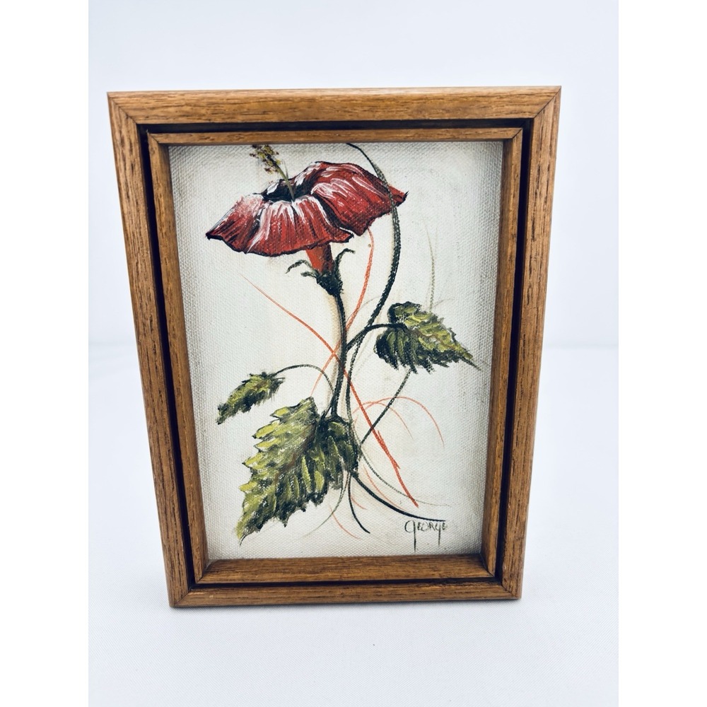 Vintage Mid Century Modern Red Hibiscus Painting George Signed Wood Float Frame